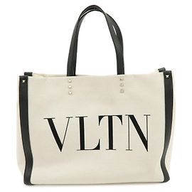VALENTINO VLTN Rockstud Canvas Leather Tote Bag Hand Bag White Black Black White