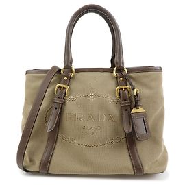 Bolsa 2Way em couro e tela jacquard com logótipo triangular PRADA Hand Bag BN2832 Marrom Bege