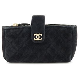 CHANEL Matelasse COCO Mark Suede Cosmetic Makeup Pouch Black Black