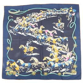 Hermès HERMES Carre Double Face 90 Seda 100% Pañuelo Les Mustangs Marble Navy Azul