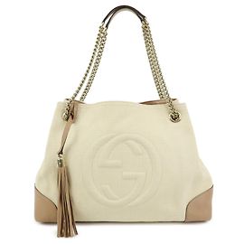 GUCCI SOHO Bolsa de ombro em tela e couro com G entrelaçados 308982 Bege Cru