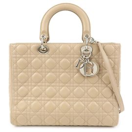 Christian Dior Cannage Lady Dior Bolsa de Mão 2Way em Couro Bege Bege