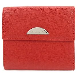 Christian Dior Logo Leather Bi-fold Compact Wallet Red Red