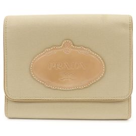 PRADA Logo Nylon Leather Compact Trifold Wallet Beige 1M0170 Beige