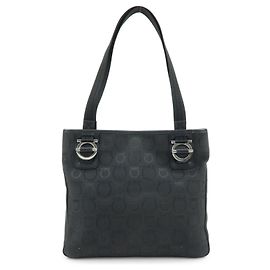 Salvatore Ferragamo Ferragamo Gancini Canvas Leather Tote Bag Shoulder Bag Black Black