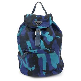 Sac à dos PRADA en nylon et cuir avec logo triangle, motif camouflage bleu Bleu