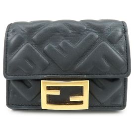 FENDI Zucca Baguette Micro Wallet Leather Tri-fold Wallet Black 8M0395 Black