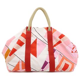 Hermès HERMES Cabas Drapeaux Au Vent Saco de Praia de Algodão Tote Bag Rosa Vermelho Branco Rosa Vermelho