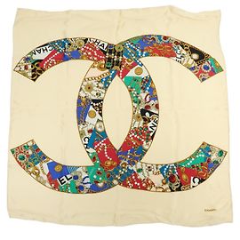 Lenço CHANEL COCO Mark 100% seda Motivo de Joias Bege Multicolor Bege