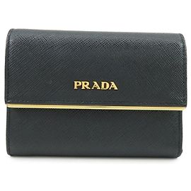 PRADA Saffiano Leather Bi-fold Compact Wallet Black Gold 1MH840 Black Golden