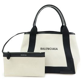 BALENCIAGA Bolsa Cabas Small em lona e couro Navy Ivory 339933 Branco
