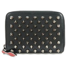 Christian Louboutin Leather Studs Compact Wallet Coin Case Black Black