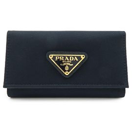 PRADA Triangle Logo Nylon Saffiano Leather Key Case Black 1M0222 Black
