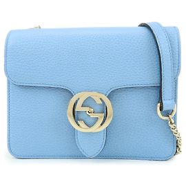 GUCCI Interlocking G Leder-Schultertasche mit Kette Hellblau 510304 Blau