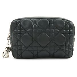 Christian Dior Lady Dior Cannage Accessory Pouch Makeup Bag Black Black