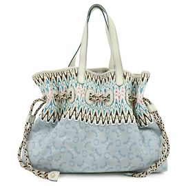 Céline CELINE Macadam Canvas Leather Raffia Handtasche Light Blue White Weiß Blau