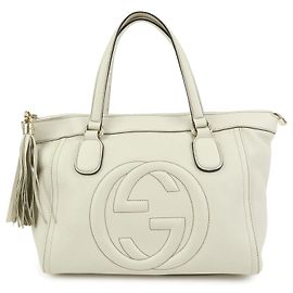 Saco Tote GUCCI Soho Interlocking G em couro Bolsa de mão com tassel Ivory 282307 Branco Cru