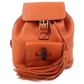 GUCCI Bamboo Leather Backpack Rucksack Tassel Strap Orange 387149 Orange