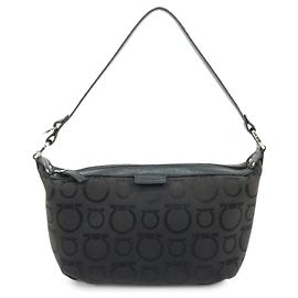 Salvatore Ferragamo Ferragamo Gancini Canvas Leather Hand Bag Accessory Pouch Black Black