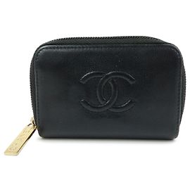 Portefeuille compact zippé rond CHANEL COCO Mark en cuir de veau Noir Noir