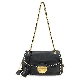 Autre Marque Bolsa de Ombro de Couro com Corrente PRADA com Tachas Black Gold Silver BR4588 Outro