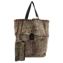 Sac cabas à main CHANEL en daim et fourrure de lapin Brown Beige Marron Beige
