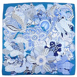 Hermès HERMES Carre 90 Lenço de seda 100% FLEURS DINDIENNES Blue White Branco Azul