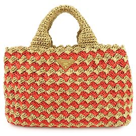 PRADA Canapa Triangle Logo Raffia Tote Bag Handtasche Natural Red BN2303 Rot