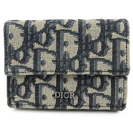 Christian Dior Oblique Jacquard Canvas Leather Tri-fold Compact Wallet Blue Cream