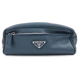 PRADA Triangle Logo Leather Cosmetic Pouch Accessory Pouch Navy Blue