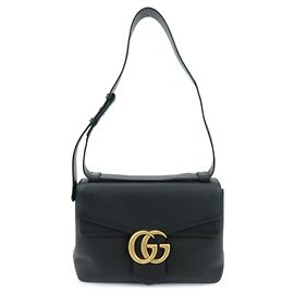 Bolsa de Ombro com Aba em Couro GUCCI GG Marmont Preta 401173 Preto