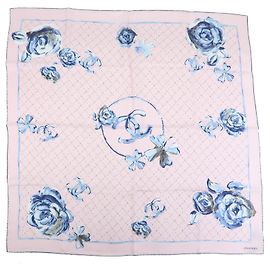 Sciarpa CHANEL COCO Mark 100% seta fiori rosa blu Rosa Blu