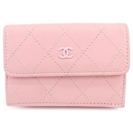 Autre Marque CHANEL COCO Mark Wild Stitch Calf Skin Tri-Fold Compact Wallet Pink Rosa
