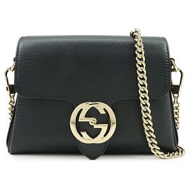 GUCCI Logo Interlocking G Leather Chain Shoulder Bag Black 607720 Black