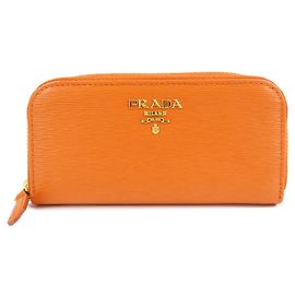 PRADA Saffiano Leather Round Zippy 6 Rings Key Case Orange 1PG604 Orange