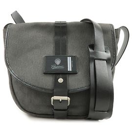 GUCCI Crest GG Canvas Leather Shoulder Bag Grey Black 223680 Black Grey