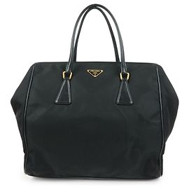 PRADA Triangle Logo Nylon Leather Hand Bag Tote Shoulder Bag Black Black