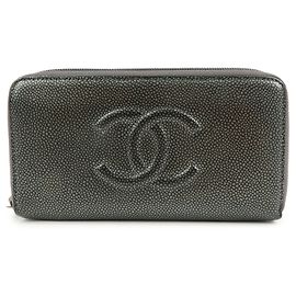 CHANEL COCO Mark Caviarskin Round Zippy Wallet Metallic Gray Silvery Grey