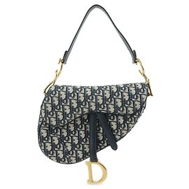 Bolsa de Ombro Christian Dior Saddle em Lona Jacquard Oblique e Couro Navy Azul