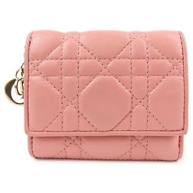 Christian Dior Lady Dior Lotus Cannage Leather Tri-fold Compact Wallet Pink
