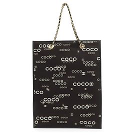 CHANEL COCO Mark Flat Shopper Canvas Leather Chain Tote Bag Black White Black