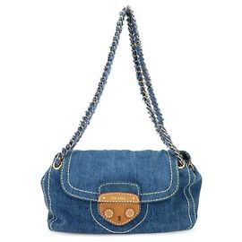 PRADA Bolsa de Ombro em Couro Denim com Aba Frontal Blue Camel BR4659 Bege