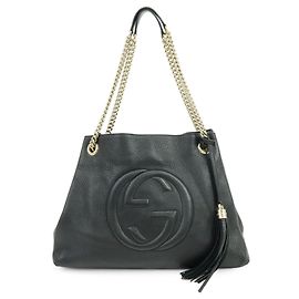 GUCCI SOHO Bolsa de Ombro de Couro com Corrente Interlocking G Preta 308982 Preto