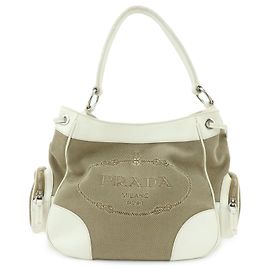 Bolsa de Ombro PRADA em Nylon Jacquard com Logótipo Triangular e Pele Beige Ivory Bege Cru