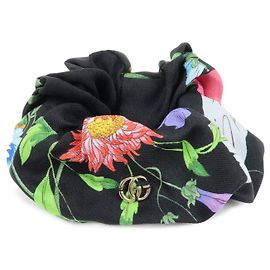GUCCI Flora Double G Silk 100% Scrunchie Hair Accessory Black Black