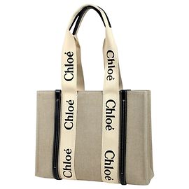 Chloé Woody Medium Canvas Tote Bag Black Beige