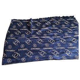Lenço de seda Chanel Monograma - Azul Marinho e Bege Azul Bege