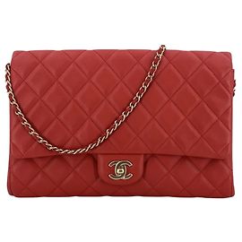 Chanel Red Coral Quilted Leather Timeless Flap Chain Shoulder Bag Clutch Red