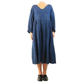 Autre Marque Robe midi en lin à rayures bleu marine - taille S Bleu Marine