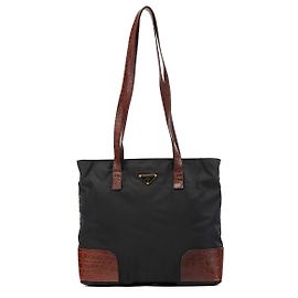 Prada Sac Tote en Nylon Noir et Marron Effet Croco Noir